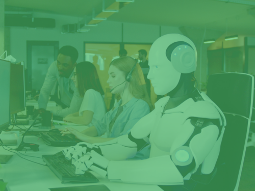 EGR Blog: Friction and the Role of AI in the Customer Experience - image of a robot sitting at a computer terminal, wearing a headset with a group of human customer service agents