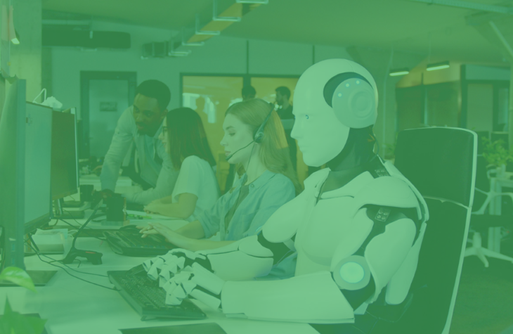EGR Blog: Friction and the Role of AI in the Customer Experience - image of a robot sitting at a computer terminal, wearing a headset with a group of human customer service agents